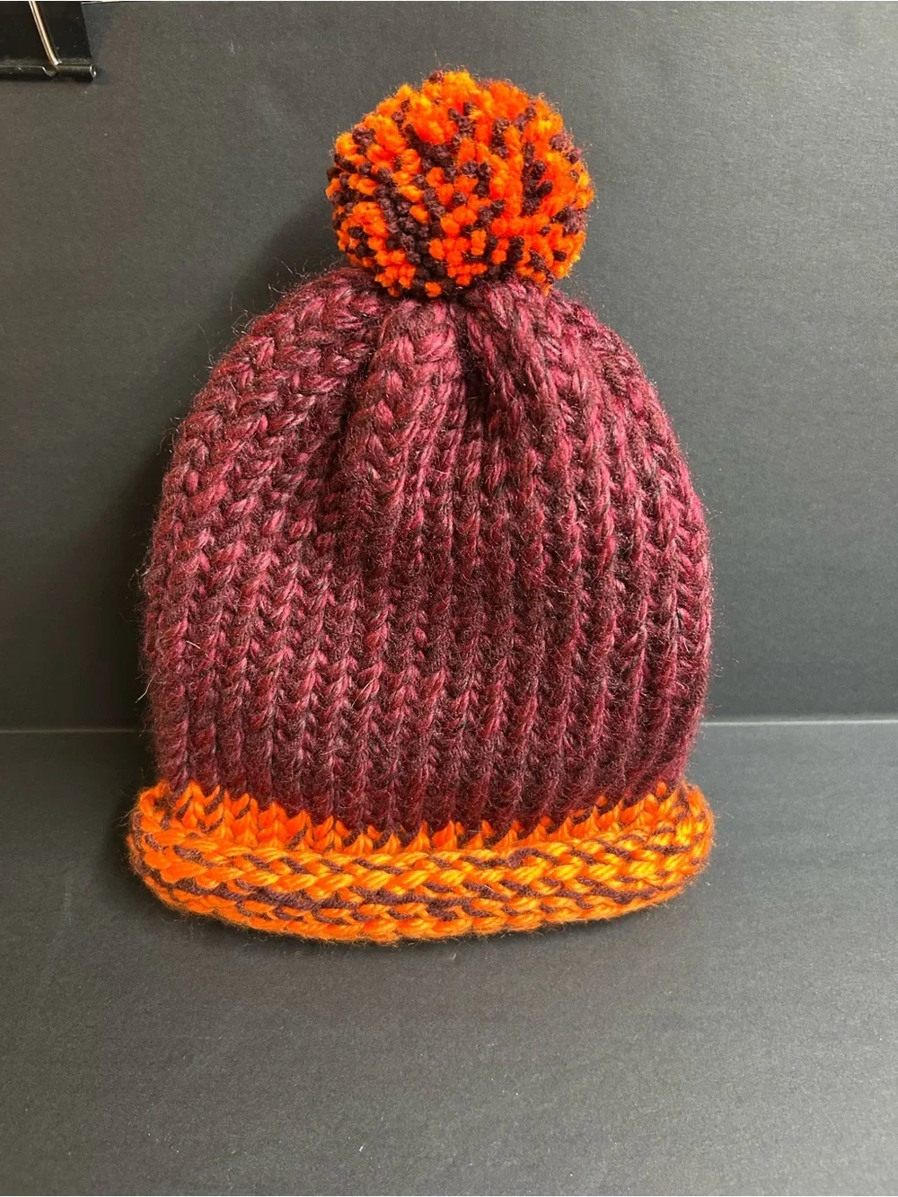 Maroon and Orange Two-Tone Pom Beanie Hat
